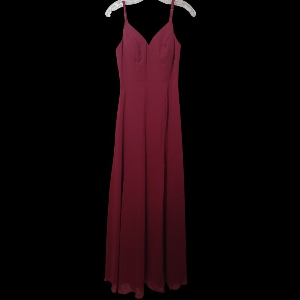 Azazie Bridesmaid Gown Wine Red Lace Back Floral Lace Maxi Front Slit Dress A2